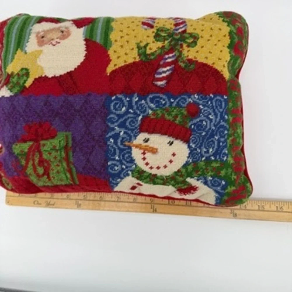 Christmas Pillow Needlepoint Santa Snowman Holiday Decor Happy Holly Days‎